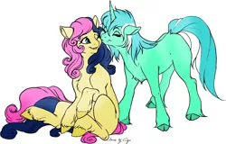 Size: 1164x743 | Tagged: safe, artist:chaoslynx1989, artist:cigarscigarettes, derpibooru import, bon bon, lyra heartstrings, sweetie drops, earth pony, pony, unicorn, chest fluff, cloven hooves, colored, female, kissing, lesbian, lyrabon, mare, missing cutie mark, shipping, unshorn fetlocks