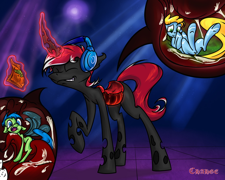 Size: 1280x1024 | Tagged: artist:change, breezie, changeling, changeling oc, dancing, derpibooru import, drool, fetish, headphones, internal, male, micro, mouthplay, multiple prey, oc, oc:record scratch, questionable, red changeling, smiling, stomach, stomach acid, unofficial characters only, vore