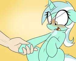 Size: 1000x800 | Tagged: suggestive, artist:hoofsie, derpibooru import, lyra heartstrings, human, pony, unicorn, belly, belly button, blushing, eyes on the prize, female, floppy ears, gradient background, hand, heart eyes, heavy breathing, holding hands, holding hooves, hoof hold, human fetish, human on pony hoof holding, interspecies, lewd, mare, open mouth, panting, sitting, smiling, sweat, that pony sure does love hands, that pony sure does love humans, wide eyes, wingding eyes