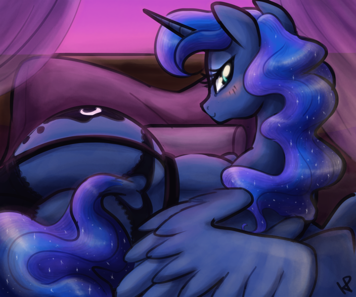 Size: 2400x2000 | Tagged: suggestive, artist:king-kakapo, artist:kinkypinkie, derpibooru import, princess luna, alicorn, pony, bed, bedroom eyes, black panties, black underwear, blushing, clothes, colored, curtains, curvy, dock, ethereal mane, eyelashes, female, garter belt, garters, high res, horn, lingerie, looking at you, looking back, looking back at you, mare, moonbutt, on bed, panties, pillow, plot, pose, praise the moon, seductive, seductive pose, sexy, side, smiling, socks, solo, solo female, spread wings, stockings, stupid sexy princess luna, the ass was fat, thigh highs, underwear, wide hips, wings