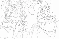 Size: 2532x1653 | Tagged: artist:catstuxedo, bbw, belly, belly button, blushing, breasts, busty pinkie pie, busty rarity, cleavage, derpibooru import, fat, female, human, humanized, midriff, monochrome, obese, pinkie pie, pinkie thighs, pudgy pie, rainbow dash, rarithighs, rarity, showgirl, suggestive, thunder thighs, traditional art, trio, wide hips