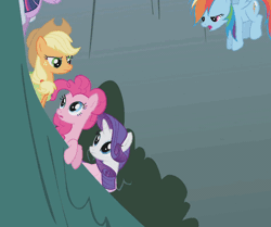 Size: 508x424 | Tagged: safe, derpibooru import, edit, edited screencap, screencap, applejack, pinkie pie, rainbow dash, rarity, twilight sparkle, earth pony, pegasus, pony, unicorn, dragonshy, animated, blinking, caption, female, floating, flying, frown, gif, glare, i'm out, jumping, leaning, looking back, looking down, mare, reaction image, saddle bag, talking, text, unamused, unicorn twilight, vulgar, wide eyes