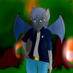 Size: 1500x1500 | Tagged: safe, artist:eclipsepenumbra, derpibooru import, oc, oc:eclipse penumbra, unofficial characters only, anthro, bat pony, bat pony oc, bat wings, belt, clothes, cutie mark clothes, fangs, forest, green eyes, jacket, jeans, looking at you, pants, smiling, solo, sunset