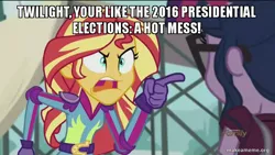 Size: 800x450 | Tagged: safe, derpibooru import, edit, edited screencap, screencap, sci-twi, sunset shimmer, twilight sparkle, equestria girls, friendship games, caption, image macro, meme, misspelling, politics, sunset yells at twilight