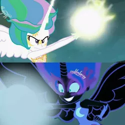 Size: 480x480 | Tagged: safe, derpibooru import, edit, edited screencap, screencap, nightmare moon, princess celestia, equestria girls, friendship games, daydream-ified, midnight-ified, recolor