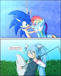 Size: 1600x2000 | Tagged: artist:skye-izumi, bait, crossover, derpibooru import, fishing, fishing rod, non-pony oc, oc, oc:skye izumi, rainbow dash, safe, sega, sonic the hedgehog, sonic the hedgehog (series), video game, watermark