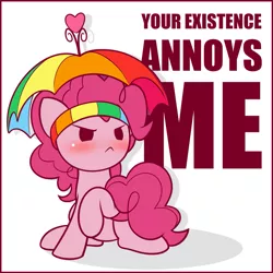 Size: 1125x1125 | Tagged: artist:symbianl, blushing, chibi, derpibooru import, hat, no nose, out of character, part of a series, part of a set, pinkie pie, safe, solo, symbianl's chibis, umbrella hat, unamused, when she doesn't smile