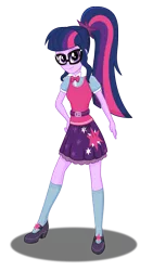 Size: 1742x3078 | Tagged: safe, artist:deannaphantom13, derpibooru import, sci-twi, twilight sparkle, equestria girls, bowtie, canterlot high, clothes, glasses, high heels, looking at you, mary janes, new outfit, pleated skirt, ponytail, shirt, shoes, skirt, smiling, socks, solo