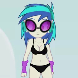 Size: 650x650 | Tagged: suggestive, derpibooru import, edit, edited screencap, editor:ah96, screencap, vinyl scratch, equestria girls, music to my ears, rainbow rocks, belly button, black underwear, bra, breast edit, breasts, cleavage, clothes, cropped, female, panties, solo, solo female, sunglasses, underwear, underwear edit