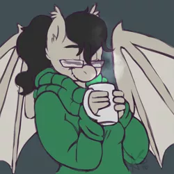 Size: 1000x1000 | Tagged: safe, artist:curiouskeys, derpibooru import, oc, oc:titty sprinkles, unofficial characters only, anthro, bat pony, anthro oc, bat pony oc, clothes, coffee, commission, eyes closed, glasses, solo, spread wings, steam, sweater