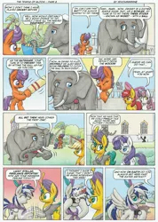 Size: 3495x4895 | Tagged: safe, artist:xeviousgreenii, derpibooru import, apple bloom, applejack, rarity, scootaloo, sweetie belle, oc, oc:lucky stellar, oc:trunkington, oc:zircon glaze, elephant, pegasus, pony, comic:the temple of bloom, camera, comic, cricket, cutie mark, cutie mark crusaders, female, filly, hoofshake, monocle, scootaloo will show us games to play, the cmc's cutie marks