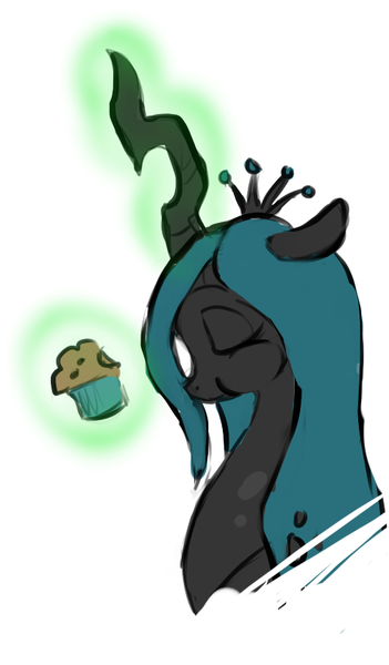 Size: 491x839 | Tagged: artist:noveltmods, changeling, changeling queen, derpibooru import, eating, female, food, muffin, queen chrysalis, safe, solo