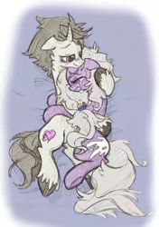 Size: 1106x1567 | Tagged: safe, artist:skutchi, derpibooru import, oc, oc:mylove, oc:siu, unofficial characters only, earth pony, pony, unicorn, bed, couple, crying, cuddling, hug, love, lying, male, side, smiling, snuggling, straight, tears of joy, tumblr