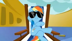 Size: 1280x720 | Tagged: safe, derpibooru import, screencap, rainbow dash, pony, every little thing she does, chillaxing, cool, crossed legs, discovery family logo, solo, sunglasses