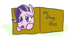 Size: 734x398 | Tagged: safe, artist:jargon scott, derpibooru import, starlight glimmer, pony, unicorn, adorable distress, box, cute, d:, female, frown, glimmerbetes, leaning, lidded eyes, mare, no boop box, no pupils, open mouth, pony in a box, punishment, pure unfiltered evil, sad, sadorable, simple background, solo, white background