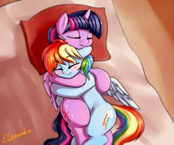 Size: 2400x2000 | Tagged: safe, artist:elzzombie, derpibooru import, rainbow dash, twilight sparkle, twilight sparkle (alicorn), alicorn, pony, blushing, cuddling, cute, dashabetes, female, lesbian, mare, shipping, snuggling, twiabetes, twidash