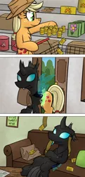 Size: 1500x3110 | Tagged: safe, artist:moemneop, derpibooru import, applejack, changeling, pony, bipedal, comic, couch, cowboy hat, door, eating, floppy ears, flypaper, hat, paper bag, pillow, shopping, shopping cart, sitting, solo, stetson, supermarket, transformation