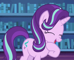Size: 626x504 | Tagged: safe, derpibooru import, screencap, starlight glimmer, pony, unicorn, every little thing she does, animated, cute, eyes closed, female, gif, glimmerbetes, laughing, laughingmares.jpg, loop, mare, open mouth, raised hoof, smiling, solo