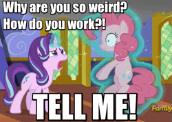 Size: 639x453 | Tagged: safe, derpibooru import, edit, edited screencap, screencap, pinkie pie, starlight glimmer, earth pony, pony, unicorn, every little thing she does, animated, caption, cartoon physics, confused, discovery family logo, female, frown, funny, gif, glowing horn, image macro, levitation, magic, mare, meme, open mouth, pinkie being pinkie, ponk, shaking, smiling, smoke, talking, telekinesis, text, twilight's castle, wide eyes
