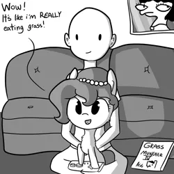 Size: 1280x1280 | Tagged: safe, artist:tjpones, derpibooru import, oc, oc:brownie bun, oc:richard, unofficial characters only, earth pony, human, pony, horse wife, dialogue, grass muncher iv, grayscale, monochrome, sitting, sitting on lap, video game