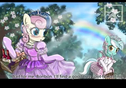 Size: 3700x2600 | Tagged: safe, artist:avchonline, derpibooru import, bon bon, lyra heartstrings, sweetie drops, pony, alcohol, arm hooves, bipedal, blushing, bucket, canterlot royal ballet academy, clothes, dress, engrish, evening gloves, gloves, hair bow, jewelry, lucia, mermaid melody pichi pichi pitch, picnic, picnic basket, rainbow, tiara, wine