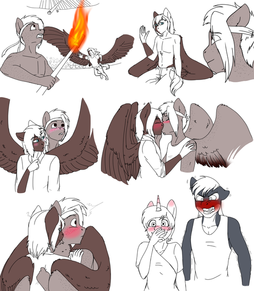 Size: 1280x1466 | Tagged: angry, anthro, anthro oc, artist:blackblood-queen, bare chest, blushing, clothes, derpibooru import, dracony, fangs, freckles, furious, gay, hug, hybrid, kissing, makolee, male, oc, oc:bubble lee, oc:daniel dasher, oc:imago, oc:mako, oc:singe, orca pony, original species, overprotective, partial nudity, pegasus, short hair, smiling, suggestive, topless, uncle and nephew, unofficial characters only, winghug