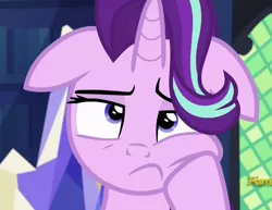 Size: 610x471 | Tagged: safe, derpibooru import, screencap, starlight glimmer, pony, unicorn, every little thing she does, bored, bust, discovery family logo, female, floppy ears, mare, portrait, solo