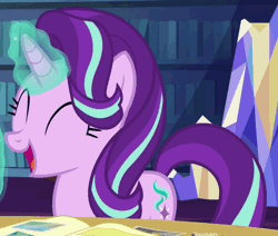 Size: 592x501 | Tagged: safe, derpibooru import, screencap, starlight glimmer, pony, unicorn, every little thing she does, animated, cute, eyes closed, female, gif, glimmerbetes, glowing horn, horn, laughing, loop, mare, open mouth, smiling, solo