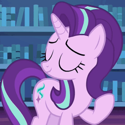 Size: 462x462 | Tagged: safe, derpibooru import, screencap, starlight glimmer, pony, unicorn, every little thing she does, animated, book, bookshelf, cute, eyes closed, female, gif, glimmerbetes, indoors, mare, raised hoof, smiling, solo, standing, twilight's castle