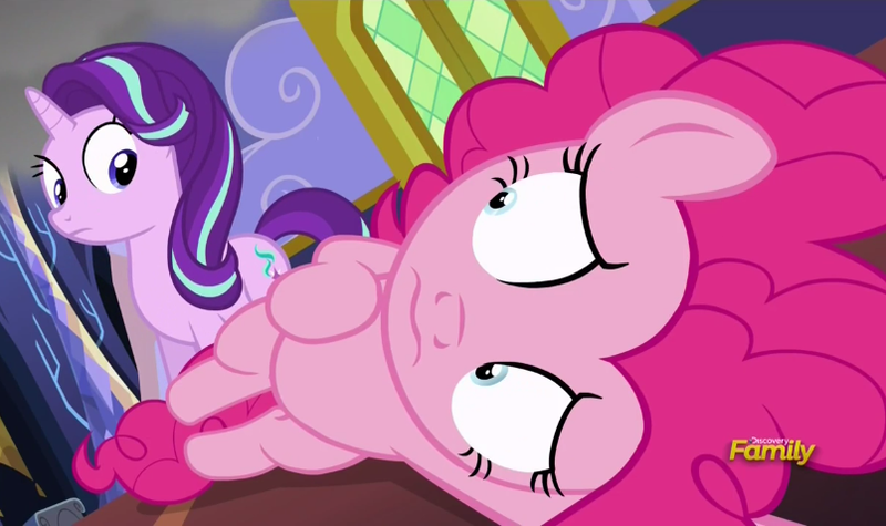 Size: 805x478 | Tagged: safe, derpibooru import, screencap, pinkie pie, starlight glimmer, pony, every little thing she does, discovery family logo, looking at each other, perspective