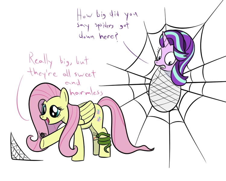 Size: 1000x800 | Tagged: safe, artist:mightyshockwave, derpibooru import, fluttershy, starlight glimmer, pegasus, pony, snake, spider, unicorn, every little thing she does, bondage, cocoon, cute, dialogue, female, frown, gritted teeth, harmless, hissing, mare, open mouth, peril, raised hoof, restrained, simple background, smiling, snek, spider web, white background, wide eyes, worried, wrapped up