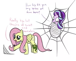 Size: 1000x800 | Tagged: safe, artist:mightyshockwave, derpibooru import, fluttershy, starlight glimmer, pegasus, pony, snake, spider, unicorn, every little thing she does, bondage, cocoon, cute, dialogue, female, frown, gritted teeth, harmless, hissing, mare, open mouth, peril, raised hoof, restrained, simple background, smiling, snek, spider web, white background, wide eyes, worried, wrapped up