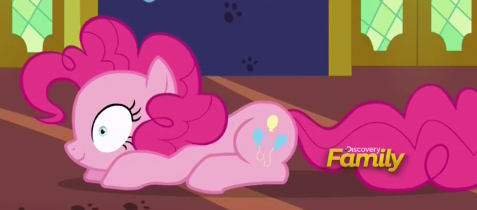 Size: 477x210 | Tagged: safe, derpibooru import, screencap, pinkie pie, pony, every little thing she does, discovery family logo, fiducia compellia, hypnosis, hypnotized, solo