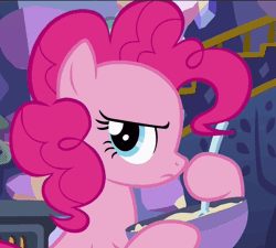 Size: 564x508 | Tagged: safe, derpibooru import, screencap, pinkie pie, pony, every little thing she does, angry, animated, bowl, gif, glare, grumpy, loop, mixing bowl, serious, stirring, when she doesn't smile