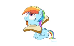Size: 1600x1000 | Tagged: safe, artist:p4r4n0e4c, derpibooru import, rainbow dash, bread, bread head, breading, drool, folded wings, food, looking up, open mouth, simple background, sitting, solo, tongue out, white background