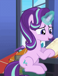 Size: 369x484 | Tagged: safe, derpibooru import, screencap, starlight glimmer, pony, unicorn, every little thing she does, animated, blinking, book, cute, female, gif, glimmerbetes, glowing horn, horn, kite, mare, sitting, smiling, solo, starlight's room