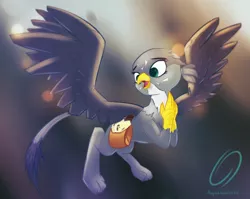 Size: 2034x1618 | Tagged: safe, artist:thegraid, derpibooru import, gabby, gryphon, the fault in our cutie marks, flying, looking sideways, saddle bag, solo