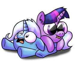 Size: 800x643 | Tagged: safe, artist:piemations, derpibooru import, trixie, twilight sparkle, pony, unicorn, dogpile, female, inconvenient twilight, mare, simple background, the tables have turned, tongue out, transparent background