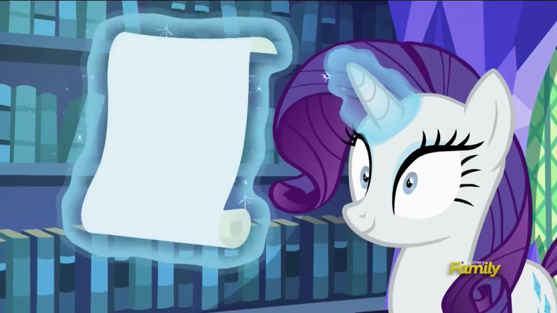 Size: 1366x768 | Tagged: safe, derpibooru import, screencap, rarity, pony, every little thing she does, discovery family logo, exploitable, hypnosis, hypnotized, meme, paper, scroll, solo, template