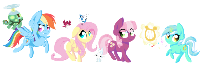 Size: 4752x1560 | Tagged: angel bunny, artist:skajcia, bird, cheerilee, chibi, derpibooru import, fluttershy, lyra heartstrings, lyre, rainbow dash, safe, tank