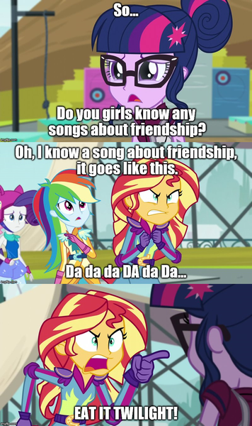 Size: 800x1349 | Tagged: questionable, derpibooru import, edit, edited screencap, screencap, rainbow dash, rarity, sci-twi, sunset shimmer, twilight sparkle, equestria girls, friendship games, 1000 hours in ms paint, caption, image macro, meme, ms paint, mystery science theater 3000, screencap comic, sunset yells at twilight