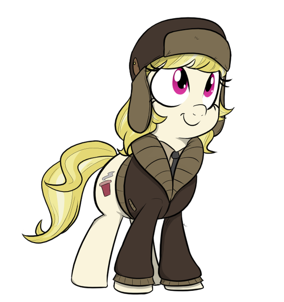 Size: 640x678 | Tagged: safe, artist:shoutingisfun, derpibooru import, march gustysnows, pony, clothes, coat, cute, female, hat, looking up, mare, necktie, shirt, simple background, smiling, solo, ushanka, white background