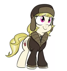 Size: 640x678 | Tagged: safe, artist:shoutingisfun, derpibooru import, march gustysnows, pony, clothes, coat, cute, female, hat, looking up, mare, necktie, shirt, simple background, smiling, solo, ushanka, white background