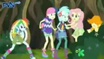 Size: 426x240 | Tagged: safe, derpibooru import, screencap, bon bon, fluttershy, lyra heartstrings, rainbow dash, sweetie drops, valhallen, equestria girls, legend of everfree, background human, camp fashion show outfit, clothes, converse, discovery kids, shoes, sneakers