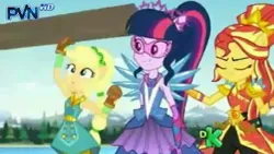 Size: 426x240 | Tagged: safe, derpibooru import, screencap, applejack, sci-twi, sunset shimmer, twilight sparkle, equestria girls, legend of everfree, crystal guardian, discovery kids, ponied up