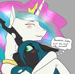 Size: 1024x1013 | Tagged: safe, artist:backlash91, derpibooru import, princess celestia, queen chrysalis, changeling, changeling queen, pony, banana, bananalestia, blushing, chryslestia, cute, cutealis, cutelestia, eyes closed, fangs, female, floppy ears, fluffy, food, frown, gray background, grin, hug, jewelry, lesbian, mare, neck nuzzle, nuzzling, regalia, shipping, simple background, smiling, thought bubble, wide eyes