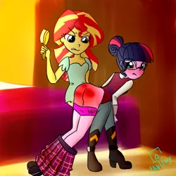 Size: 1024x1024 | Tagged: suggestive, artist:fannythepaddle, derpibooru import, sci-twi, sunset shimmer, twilight sparkle, equestria girls, friendship games, abuse, angry, ass, blushing, boyshorts, clothes, discipline, embarrassed, female, females only, hairbrush, image, over the knee, panties, panties around legs, panties pulled down, pink underwear, png, punishment, red butt, reddened butt, skirt, spank mark, spanking, teary eyes, twilybuse, underwear