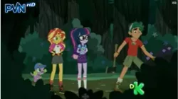 Size: 1118x626 | Tagged: safe, derpibooru import, screencap, sci-twi, spike, spike the regular dog, sunset shimmer, timber spruce, twilight sparkle, dog, equestria girls, legend of everfree, axe, discovery kids, out of context, weapon