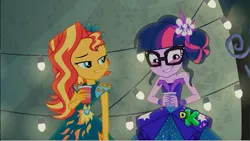 Size: 1606x904 | Tagged: safe, derpibooru import, screencap, sci-twi, sunset shimmer, twilight sparkle, equestria girls, legend of everfree, blushing, discovery kids