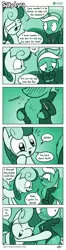 Size: 622x2346 | Tagged: safe, artist:dori-to, derpibooru import, bon bon, lyra heartstrings, sweetie drops, earth pony, pony, unicorn, comic:silly lyra, adorabon, blushing, chest fluff, clothes, comic, cute, duo, embarrassed, female, green background, greenscale, hoodie, lyrabetes, mare, monochrome, silly lyra, simple background